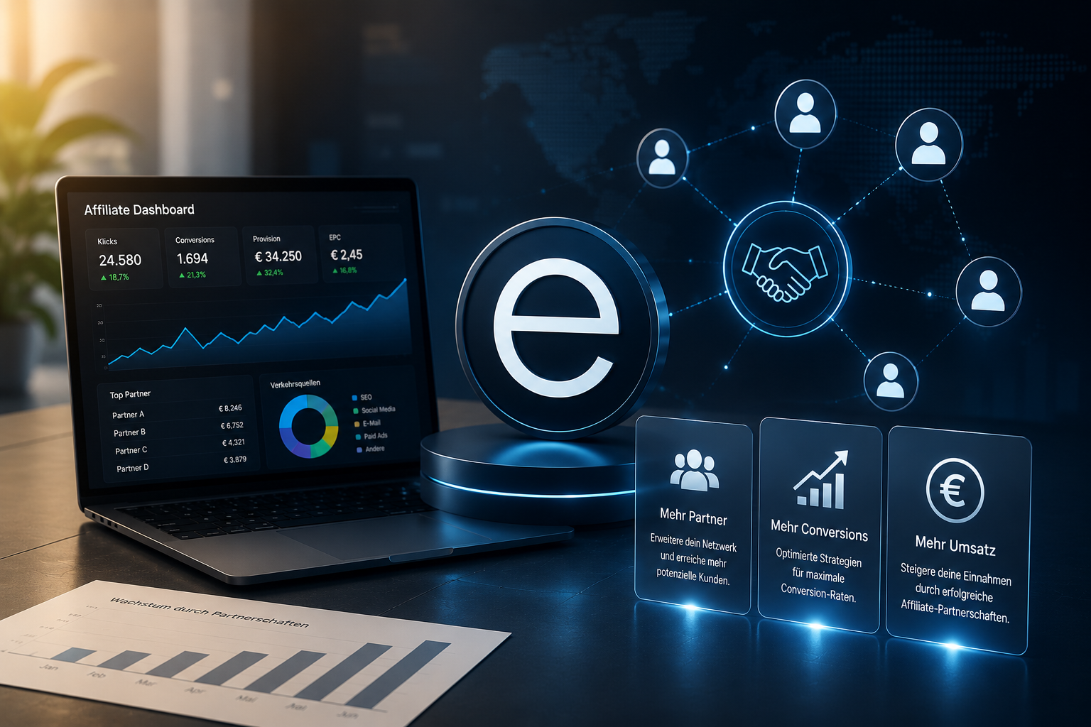Affiliate Marketing Dashboard mit Partnernetzwerk, Conversions und Umsatzentwicklung