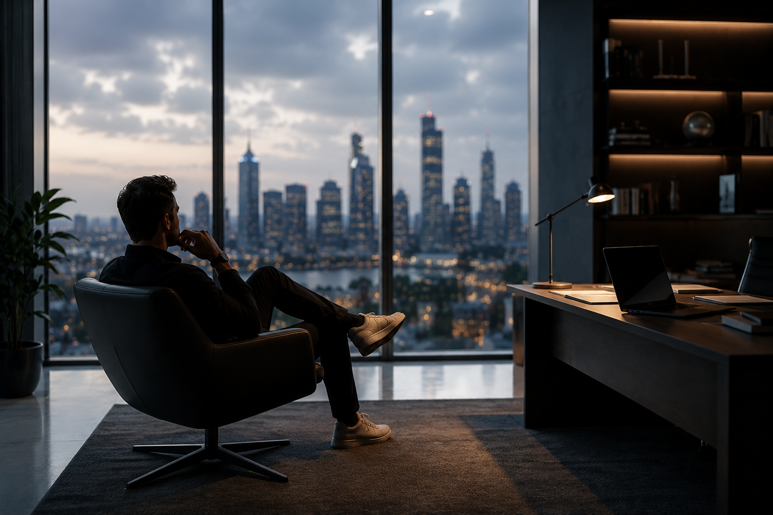 Strategische Unternehmensperspektive aus einem dunklen Büro mit Blick auf die Stadt