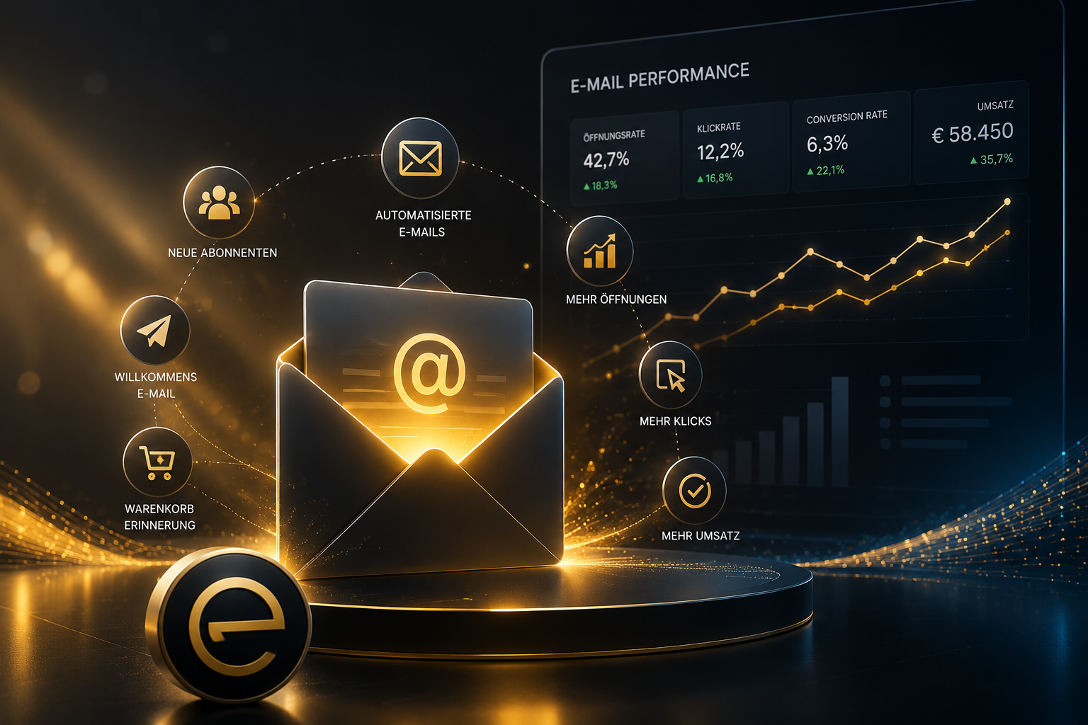 E-Mail-Marketing Performance Dashboard mit Automation, Öffnungsrate, Klickrate und Umsatzentwicklung