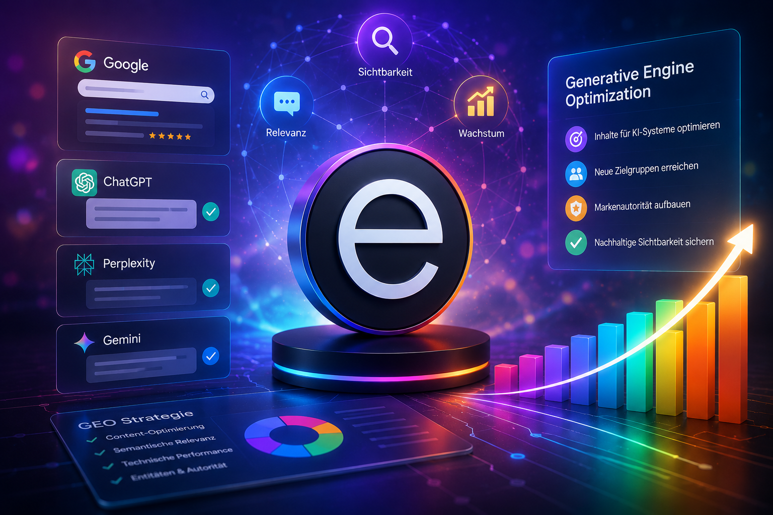 Generative Engine Optimization Dashboard mit Google, ChatGPT, Perplexity und wachsender KI-Sichtbarkeit