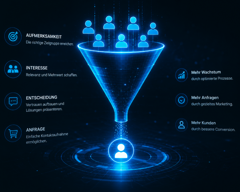 Conversion-Funnel vom Besucher zur Anfrage mit Aufmerksamkeit, Interesse, Entscheidung und Anfrage