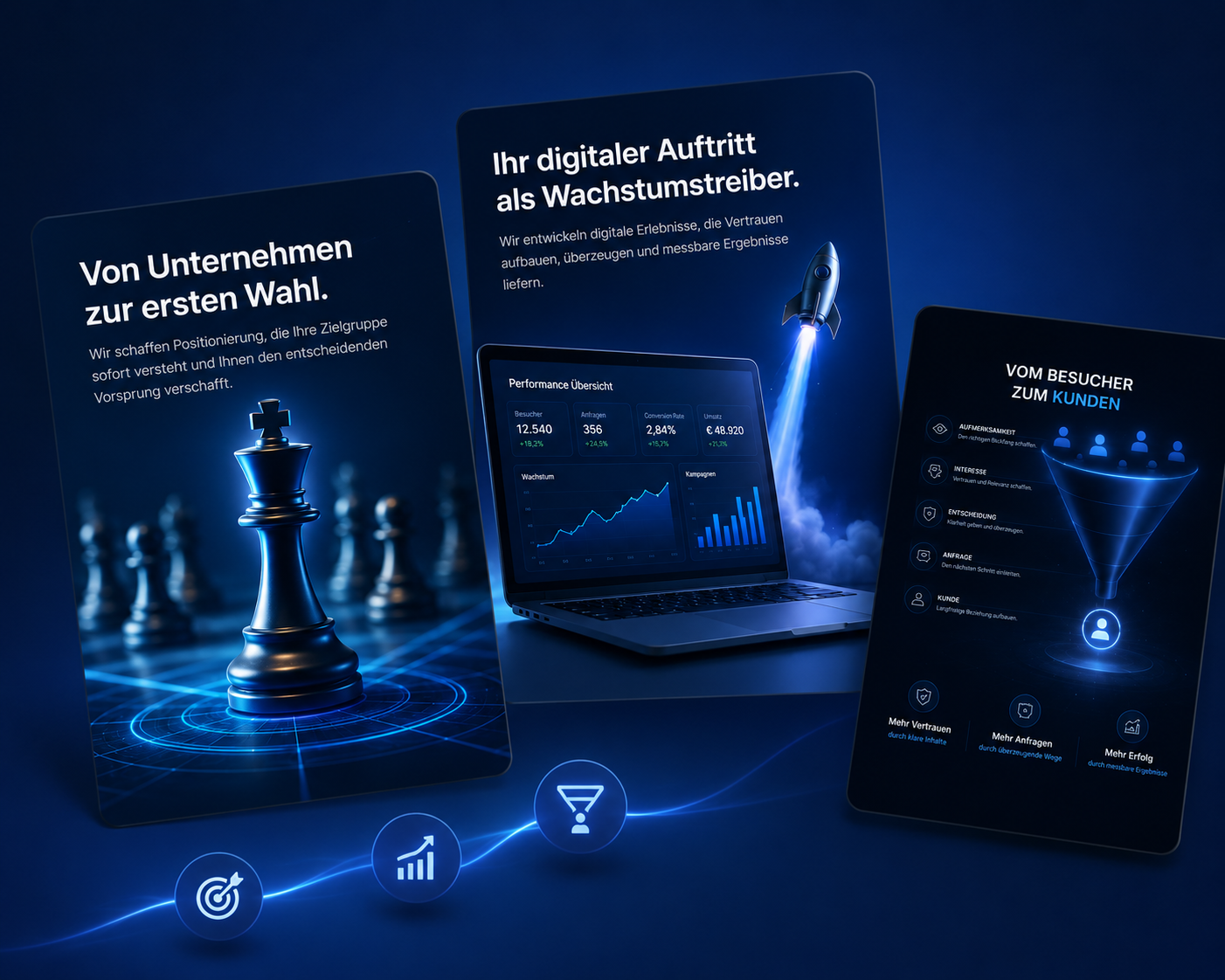 Drei dunkle Kurs-Visuals zu Positionierung, digitalem Wachstum und Conversion-Funnel