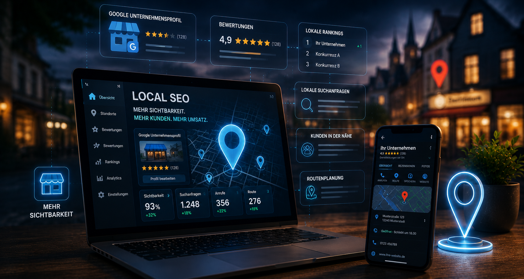 Local SEO Dashboard mit Google Unternehmensprofil, Bewertungen, lokalen Rankings, Suchanfragen und Routenplanung