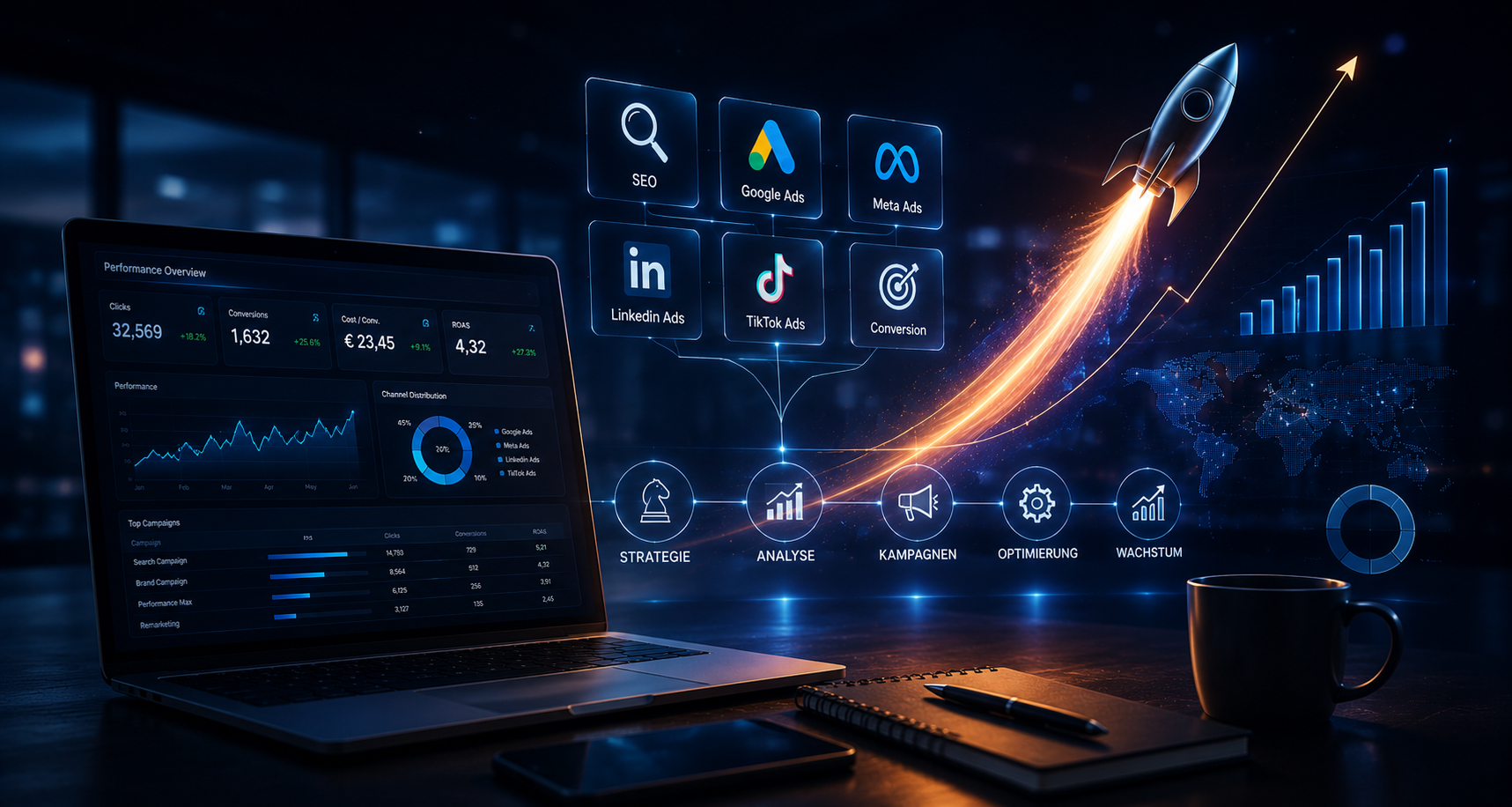 Performance Marketing Dashboard mit SEO, Google Ads, Meta Ads, Rakete und Wachstumskurve