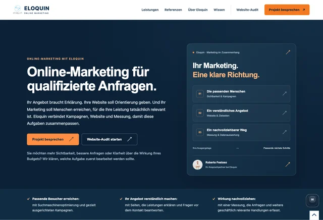 Eloquins Unternehmenswebsite mit Leistungsorientierung und zwei klaren Einstiegen