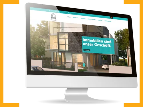 Immobilien-Website mit Gebäudebild, Markenfarbe und klarer Positionierung