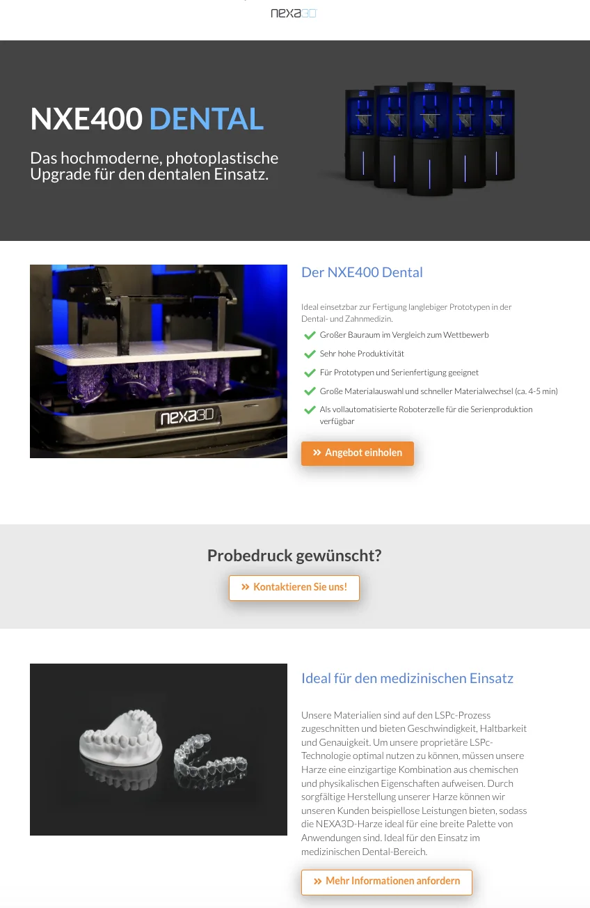 Nexa3D Dental Landingpage mit Produktargumenten, Call-to-Action und Dental-Anwendung