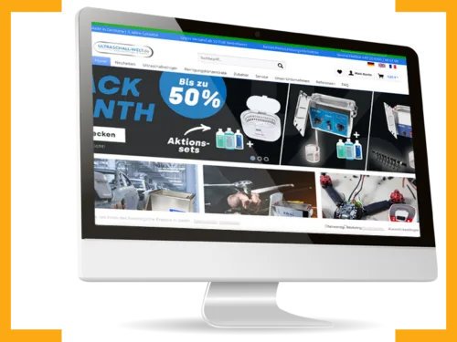 Ultraschall-Shop mit Produktkategorien, Aktionssets und Online-Shop-Navigation