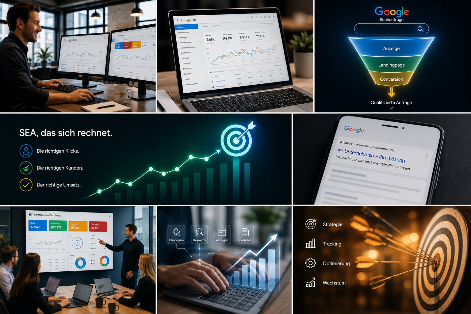 Google Ads Strategie mit Dashboard, SEA Funnel, Anzeige, Landingpage, Conversion, Tracking und Wachstum