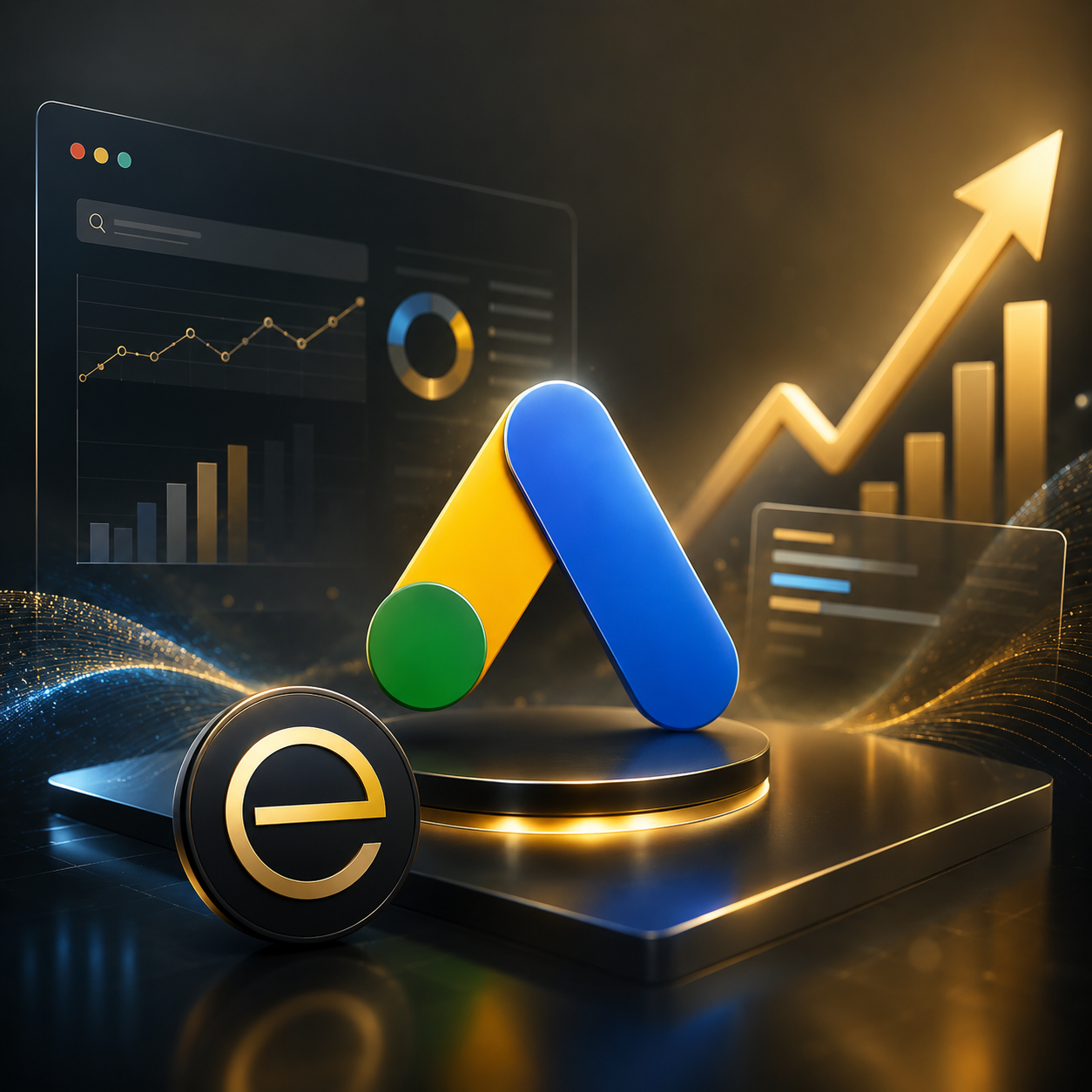 Google Ads Performance mit Dashboard, Wachstumspfeil und Kampagnenanalyse