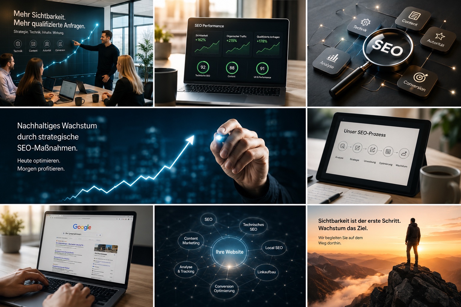 SEO Strategie Visual mit Sichtbarkeit, SEO Performance Dashboard, Suchmaschinenoptimierung, Google Suchergebnis, Keyword-Architektur, Content, Technik, Autorität und Conversion