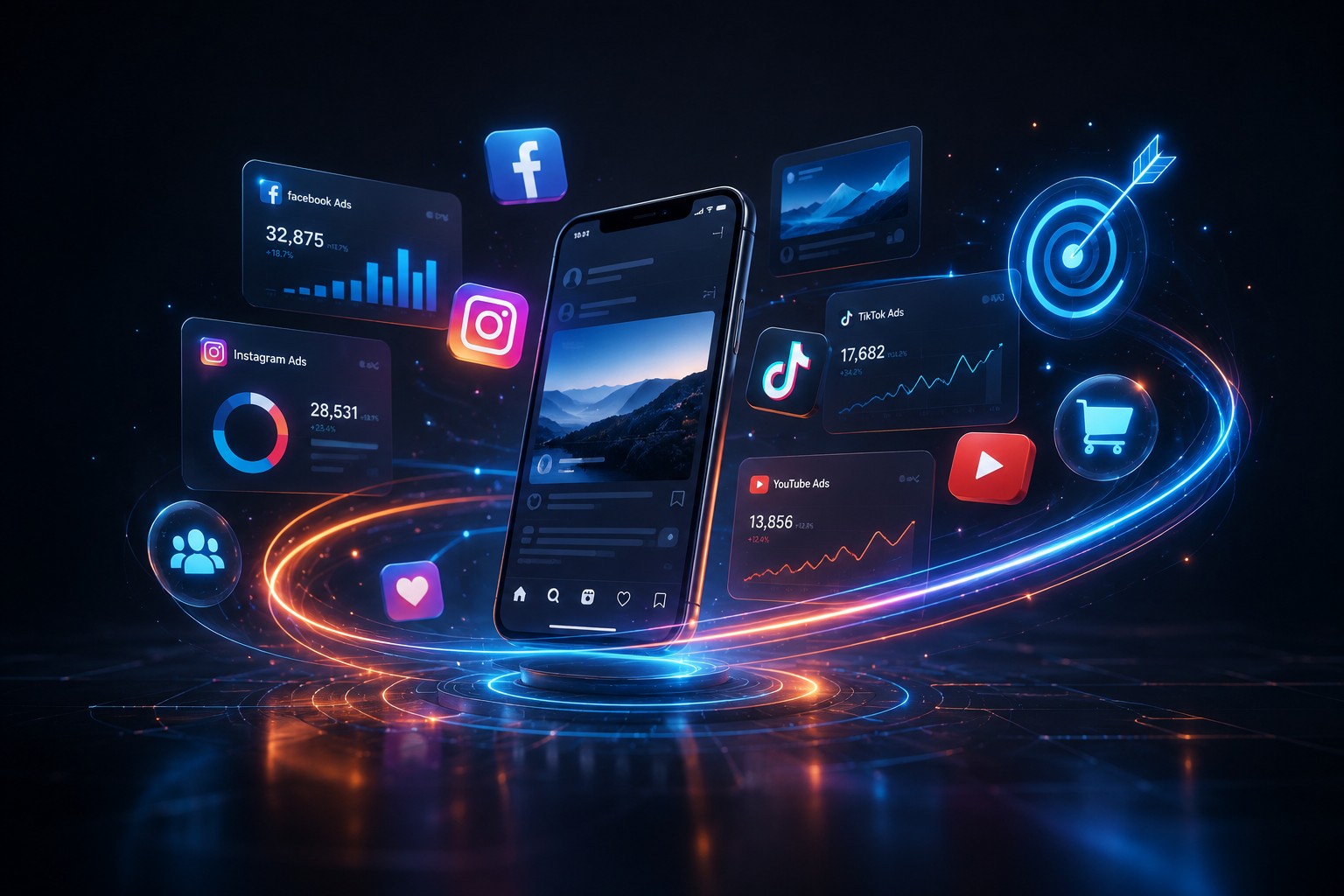 Social Ads Performance Dashboard mit Anzeigenkanälen, Smartphone und Zielscheibe