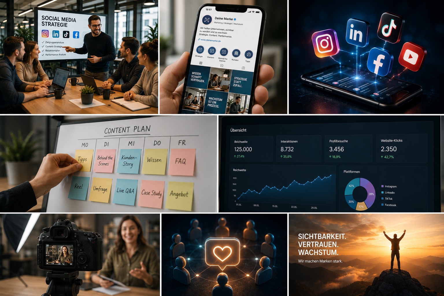 Social Media Marketing System mit Strategie, Content Plan, Plattformen, Produktion, Community, Analytics und Wachstum